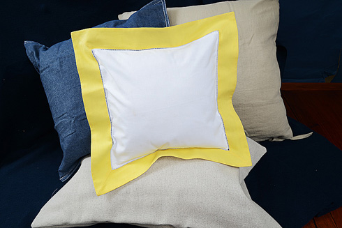 Square Hemstitch Baby Pillow with Celandine color border 12" SQ. - Click Image to Close